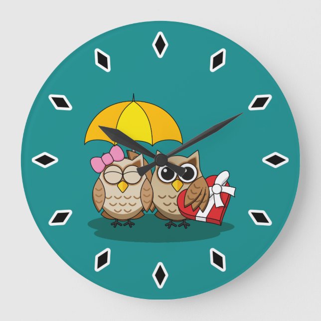 Cute Owl Lovers w/ Umbrella & Red Chocolate Box Large Clock (Front)
