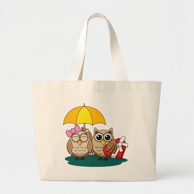 Cute Owl Lovers w/ Umbrella & Red Chocolate Box Large Tote Bag (Front)