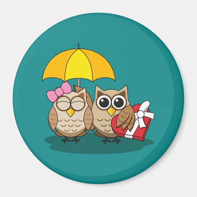 Cute Owl Lovers w/ Umbrella & Red Chocolate Box Magnet (Front)