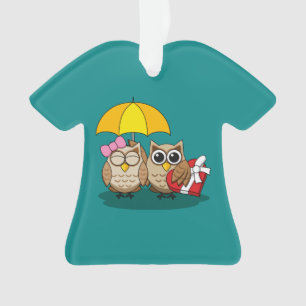 Cute Owl Lovers w/ Umbrella & Red Chocolate Box Ornament