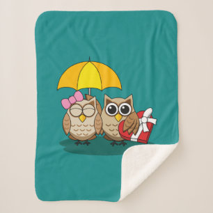 Cute Owl Lovers w/ Umbrella & Red Chocolate Box Sherpa Blanket