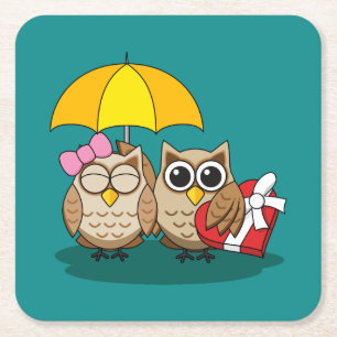 Cute Owl Lovers w/ Umbrella & Red Chocolate Box Square Paper Coaster