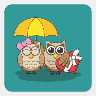 Cute Owl Lovers w/ Umbrella & Red Chocolate Box Square Sticker