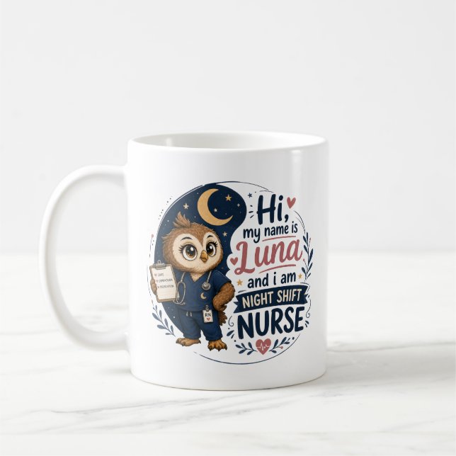 Cute Owl Night Shift Nurse RN Illustration  Coffee Mug (Left)