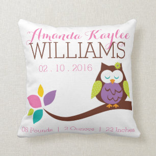 Cute OWL on a branch Baby Birth Announcement Throw Pillow