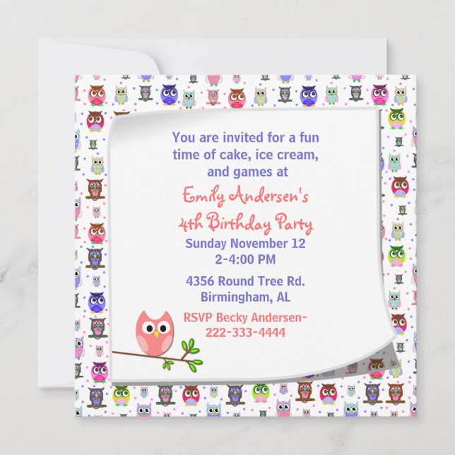 Cute Owl on a Branch Birthday Invitation (Front)