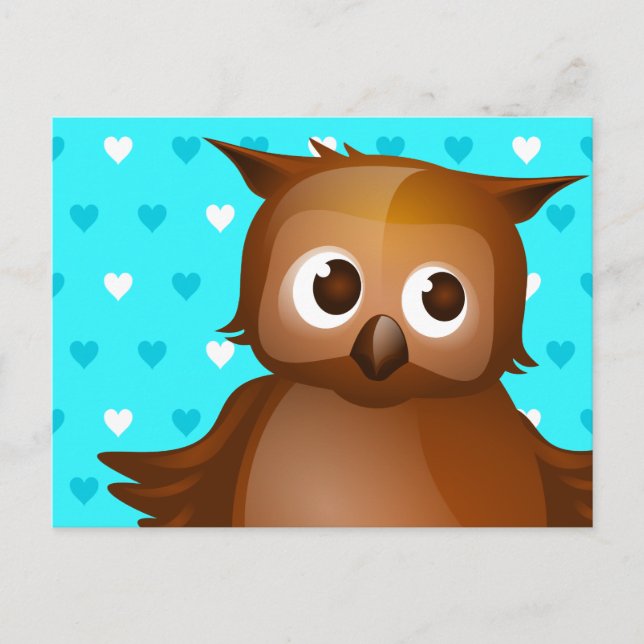 Cute Owl on Blue Heart Pattern Background Postcard (Front)