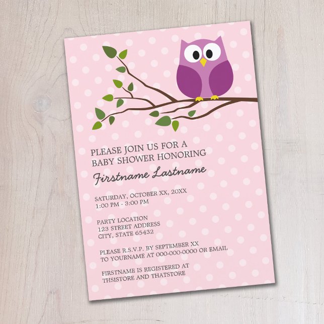 Cute Owl on Branch and polka dots Baby Girl Shower Invitation (Cute Woodland Owl Baby Shower Invitation - Pastel Pink Polka Dots)