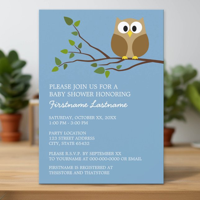 Cute Owl on Branch Baby Boy Shower Invitation (Custom Invitation with Download Option)