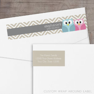 Cute Owl on Branch Baby Girl or Boy Shower Wrap Around Label