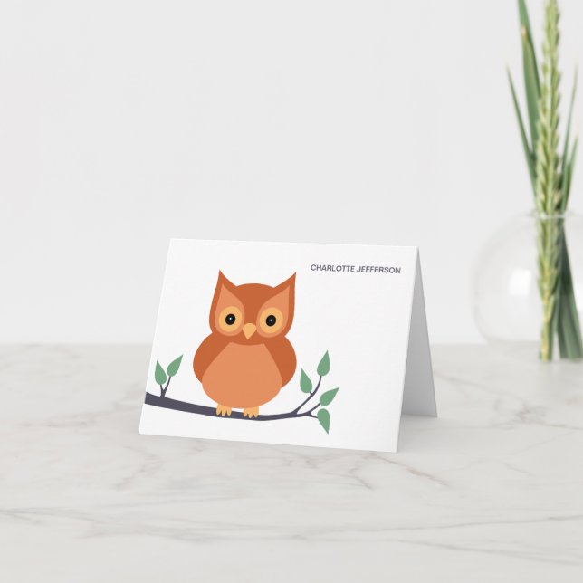 Cute Owl on Branch Personalized Note Cards (Front)
