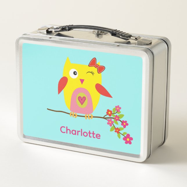 Cute Owl on Branch with Pink Flowers Personalized Metal Lunch Box (Back)