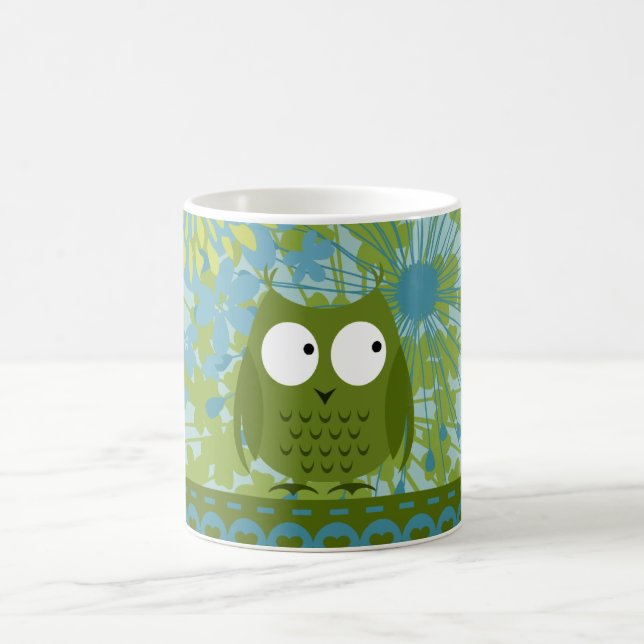 Cute Owl on Heart Ribbon with Floral Pattern Coffee Mug (Center)
