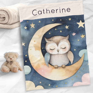 Cute Owl on Moon with Night Sky Personalized Fleece Blanket