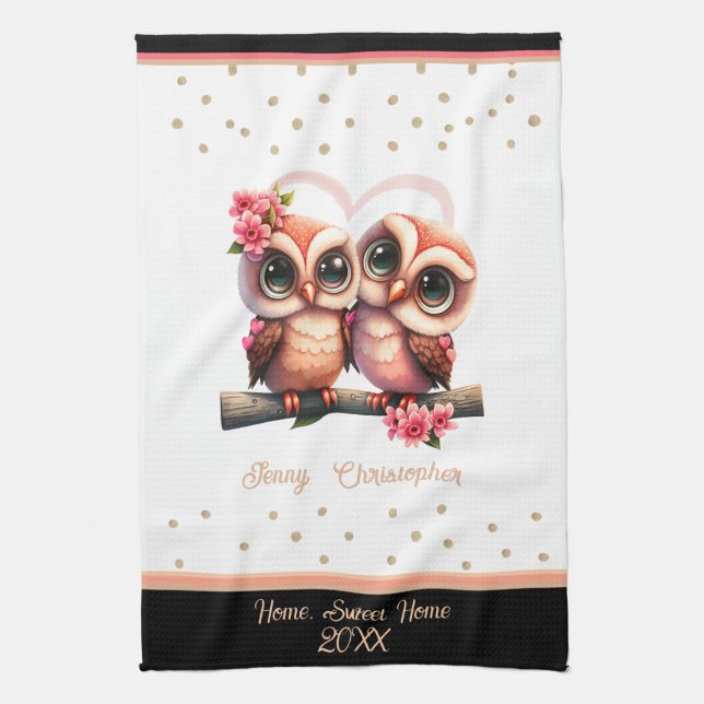 Cute owl pair in love Valentine custom name Kitchen Towel (Vertical)