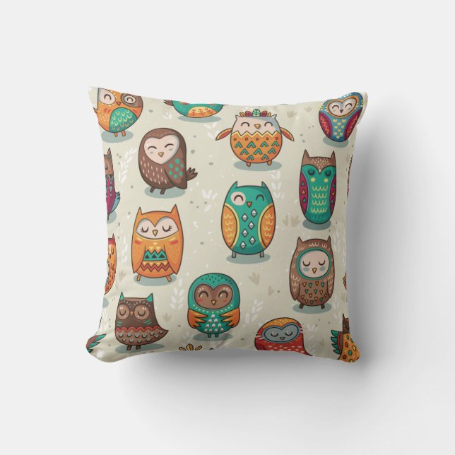 Cute Owl Pattern Throw Pillow (Front)