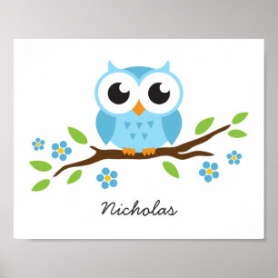 Cute owl personalized nursery wall art for boys