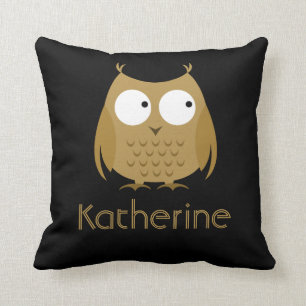 Cute Owl Pillow, Black & Gold; Add Name Throw Pillow