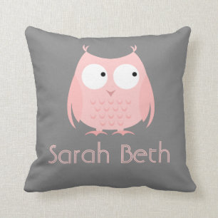 Cute Owl Pillow, Grey & Pink, Add Name Throw Pillow