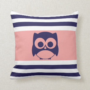 Cute Owl Pillow Navy Blue Coral