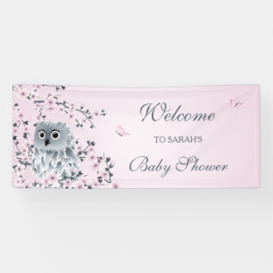 Cute Owl Pink Cherry Blossom Custom Baby Shower Banner
