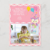 Cute Owl Pink Gingham Child's Birthday Thank You