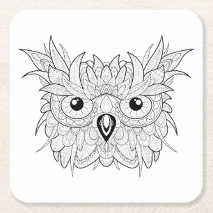 Cute Owl Portrait Doodle Square Paper Coaster