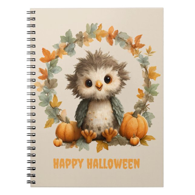 Cute Owl Pumpkin Happy Halloween Design Notebook (Front)