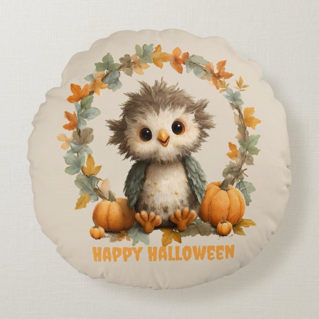 Cute Owl Pumpkin Happy Halloween Design Round Pillow (Front)