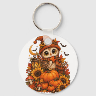 Cute Owl Pumpkin Sunflower Cozy Fall Autumn Design Keychain