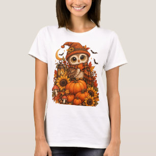 Cute Owl Pumpkin Sunflower Cozy Fall Autumn Design T-Shirt