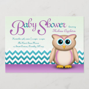 Cute Owl - Purple & Turquoise Chevron Baby Shower Invitation