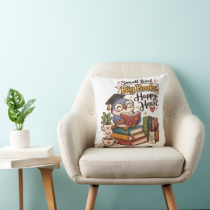 Cute Owl Reading Books Illustration Throw Pillow