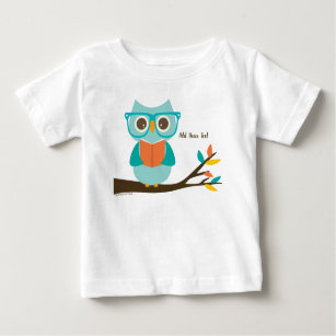 Cute Owl Reading Personalized Colourful Turquoise  Baby T-Shirt