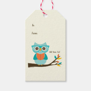Cute Owl Reading Personalized Colourful Turquoise Gift Tags