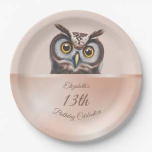 Cute Owl Rose Gold   Custom Birthday Paper Plates