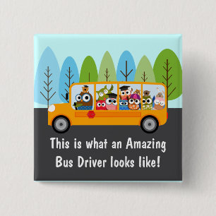 Cute Owl School Bus Driver 2 Inch Square Button