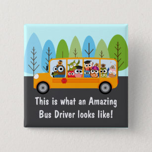 Cute Owl School Bus Driver 2 Inch Square Button