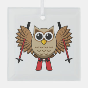 Cute Owl Skiing Cartoon Glass Ornament