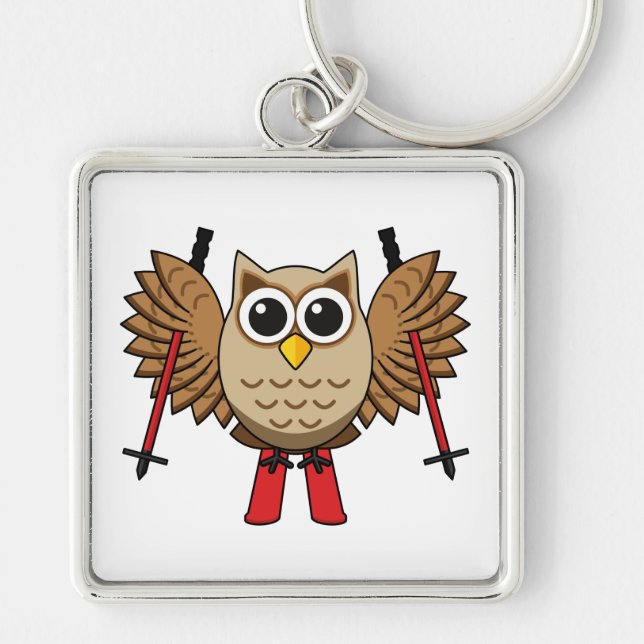 Cute Owl Skiing Cartoon Keychain (Front)
