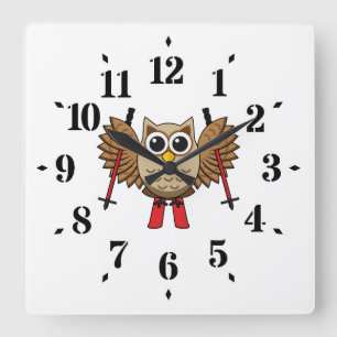 Cute Owl Skiing Cartoon Square Wall Clock