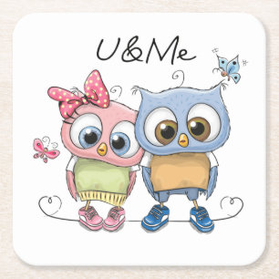 Cute Owl "U & Me" Coasters - Whimsical Cartoon