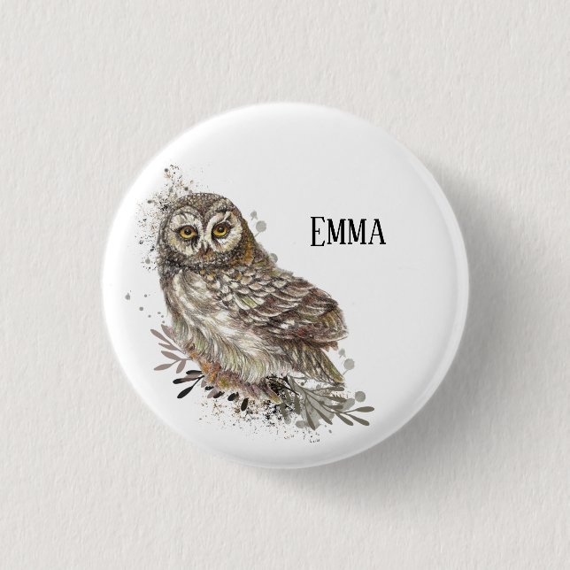 Cute Owl ,Watercolor Bird Nature  1 Inch Round Button (Front)