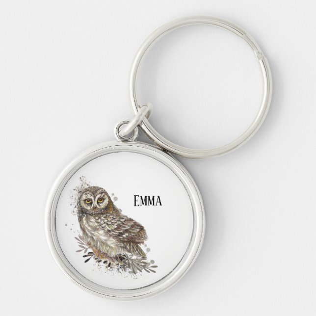 Cute Owl ,Watercolor Bird Nature  Keychain (Front)