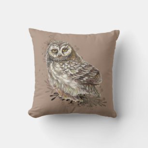 Cute Owl ,Watercolor Bird Nature Taupe Throw Pillow