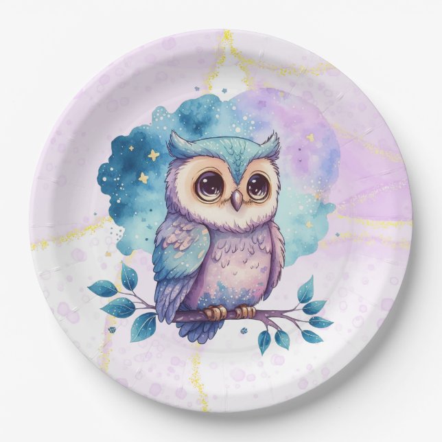 Cute Owl Watercolor Splash Girl Baby Shower Paper Plate (Front)