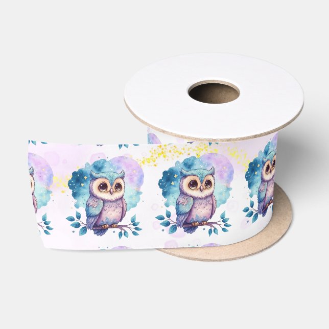 Cute Owl Watercolor Splash Girl Baby Shower Satin Ribbon (Spool)