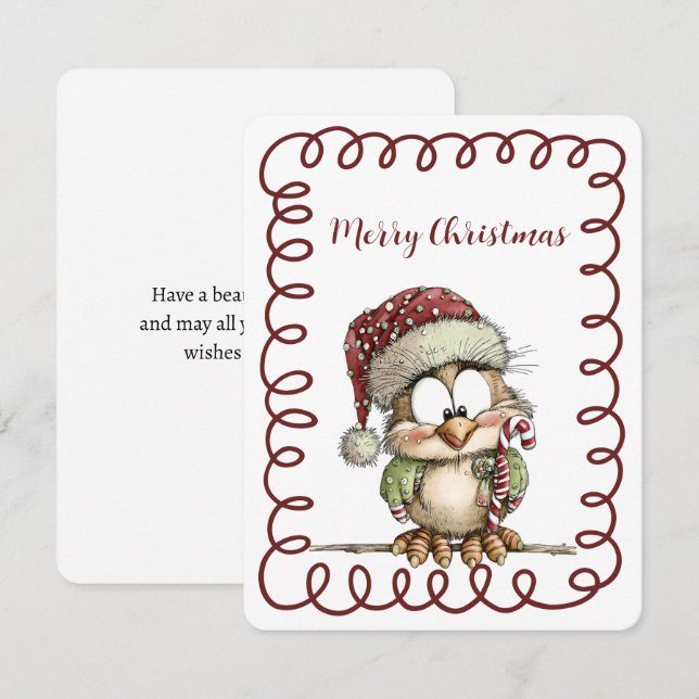 Cute Owl Wearing Santa Hat Holding Candy Cane Holiday Card (Front/Back)