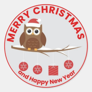 Cute owl with christmas and new year cards classic round sticker