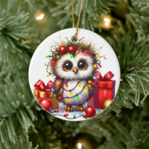 CUTE OWL WITH CHRISTMAS LIGHTS AND PRESENTS CERAMIC ORNAMENT
